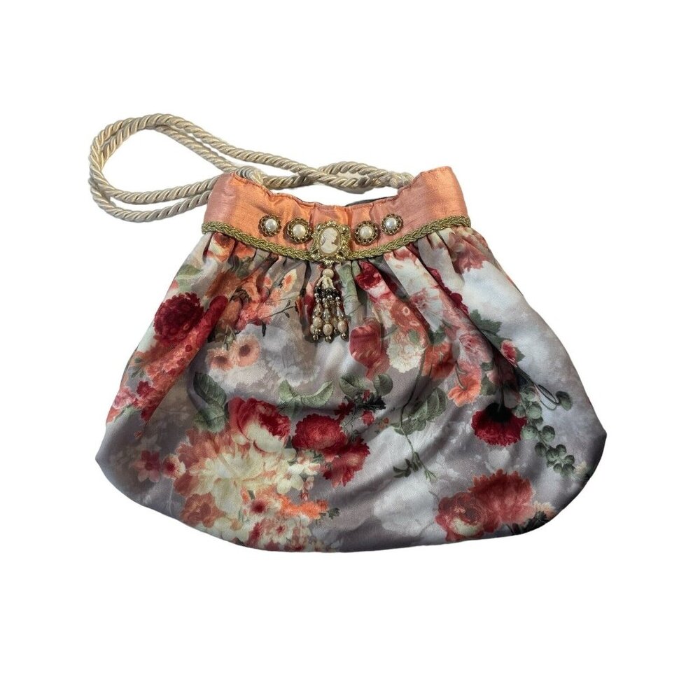 Vintage Faux Cameo Beaded Gold Tone Trim Floral Purse Shoulder Bag Spring Summer